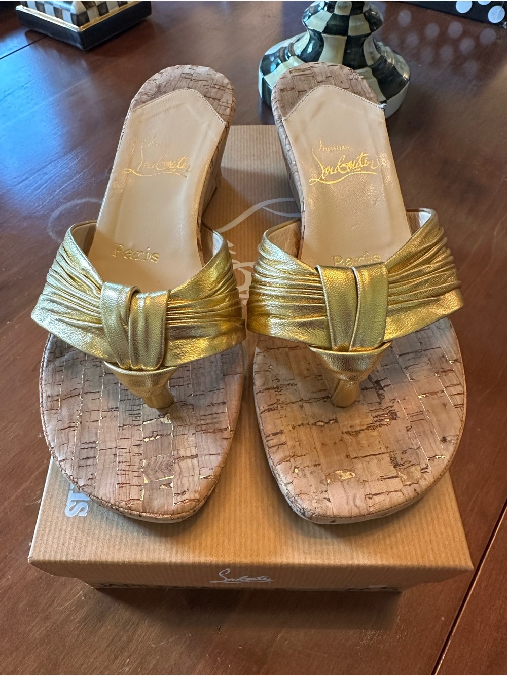 Christian Louboutin Japilenia Metallic Gold Knot Cork Wedge Mules